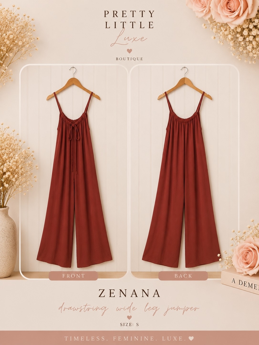 Zenana Rust Flowy Wide Leg Jumpsuit Small